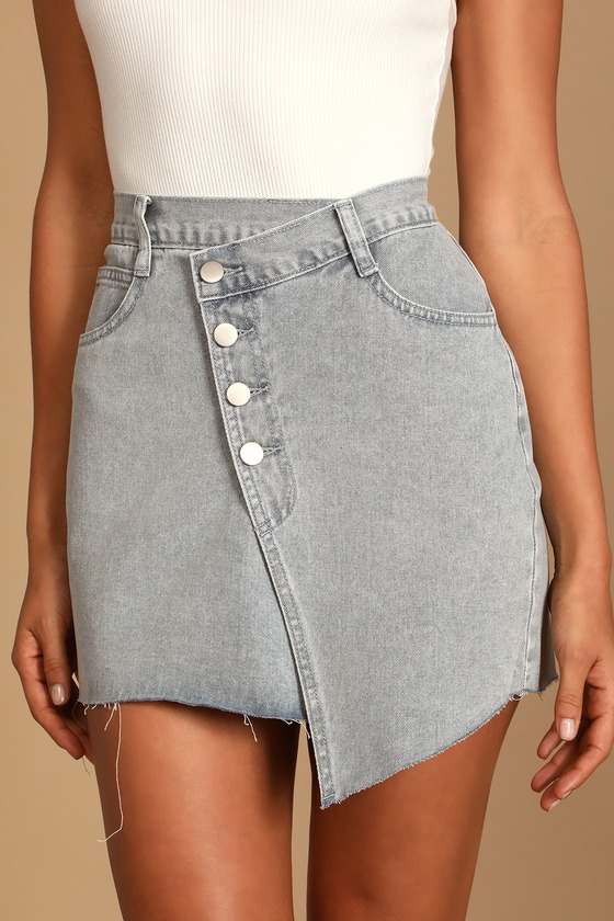 Criss Cross Light Wash Asymmetrical Denim Mini Skirt Lulus