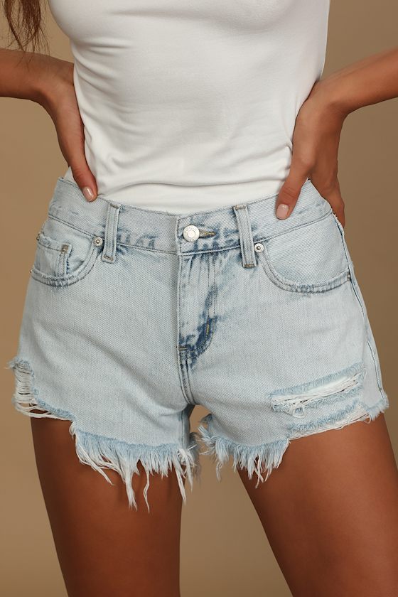 Gigi Light Wash Distressed Denim Low Rise Cutoff Shorts 1