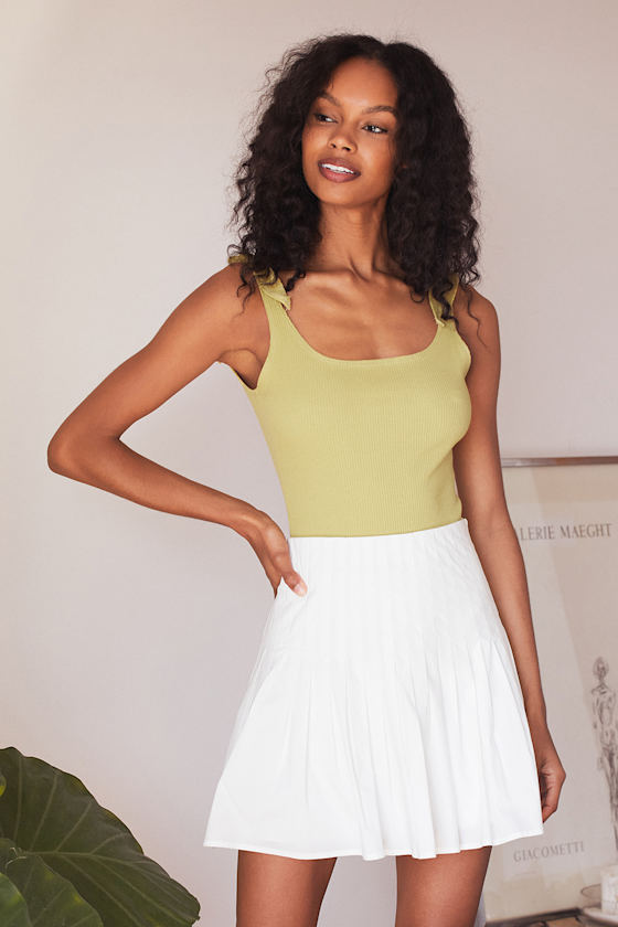 Give Me the Details Pistachio Green Ribbed Tie-Strap Bodysuit 1