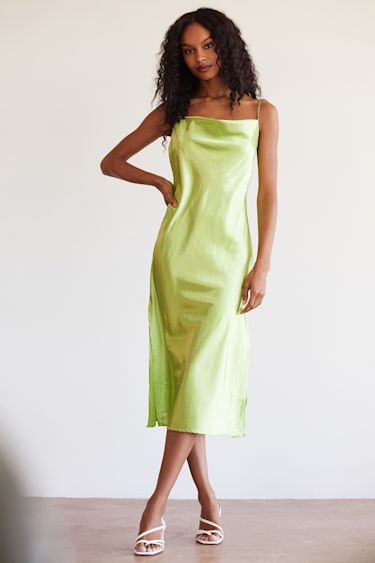 Living in Luxury Lime Green Satin Cowl Neck Midi Slip Dress