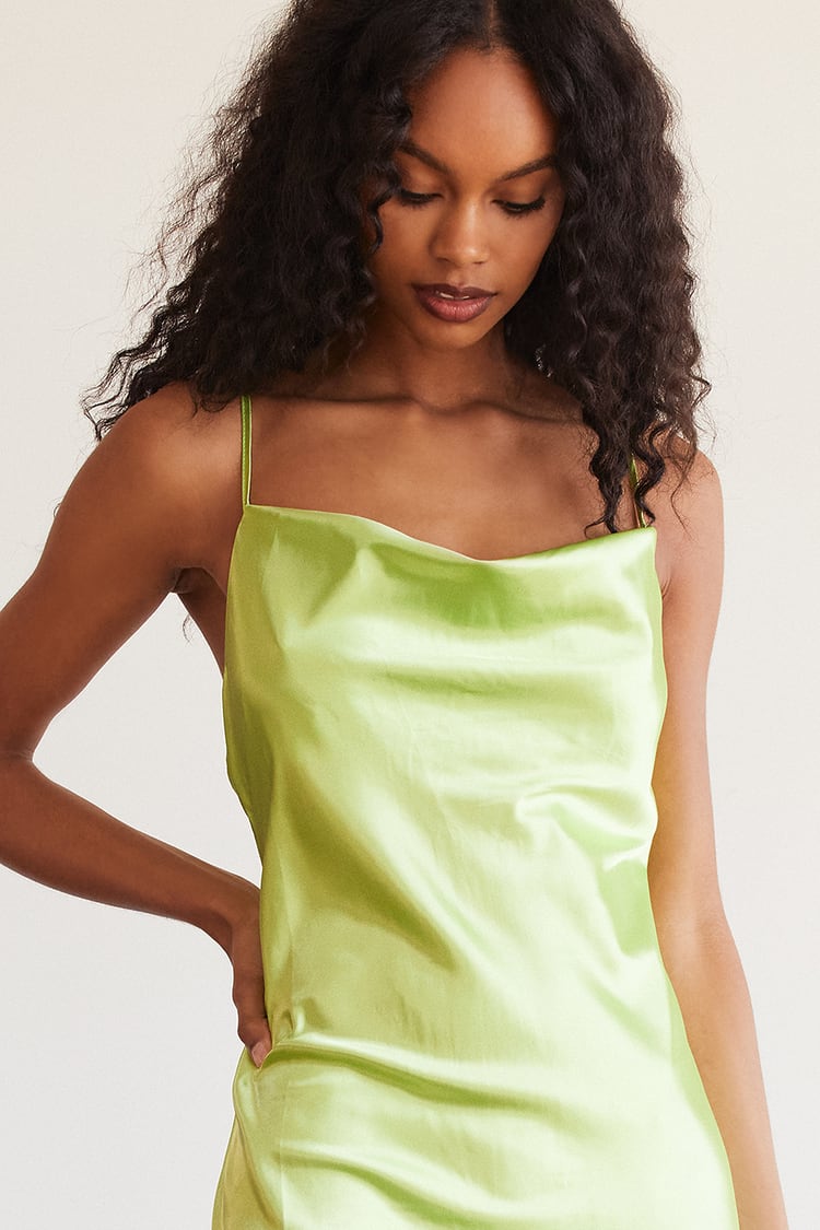 Living in Luxury Lime Green Satin Cowl Neck Midi Slip Dress