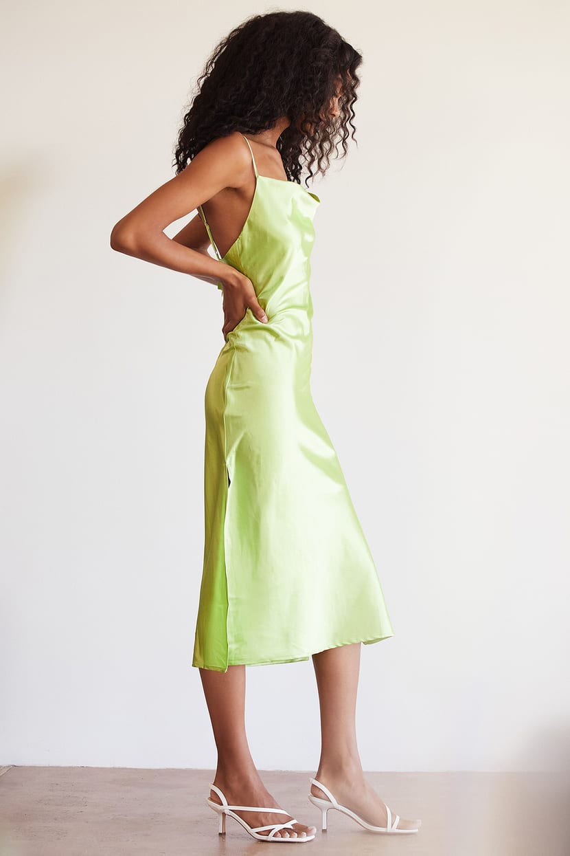 Living in Luxury Lime Green Satin Cowl Neck Midi Slip Dress
