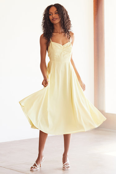 womens yellow midi dress Piper Draped Tie Mesh in - Size 0 to 12 this timeless midi dress features a classic gingham pattern Lulus | Light Yellow Square