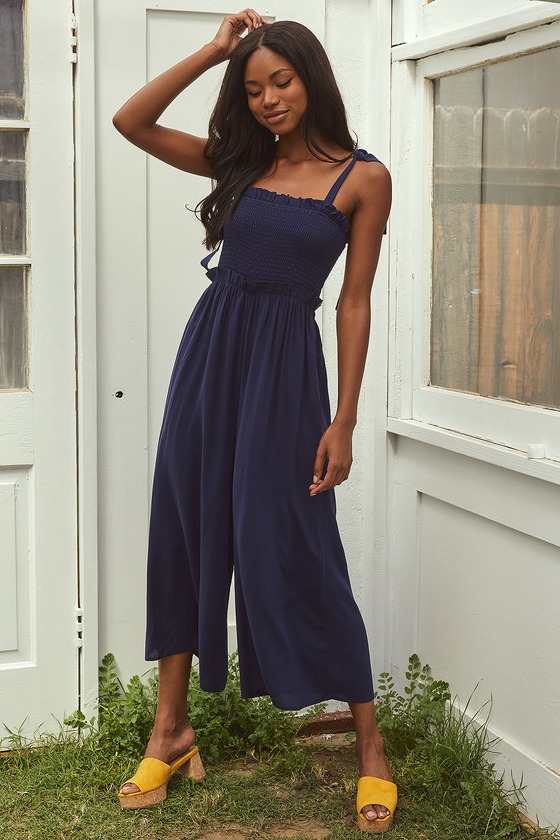 Perfect Moments Navy Blue Smocked Tie-Strap Culotte Jumpsuit