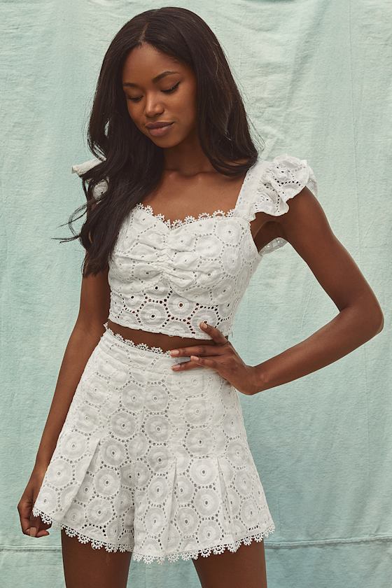 Time for Sunshine White Eyelet Lace High-Waisted Shorts 2