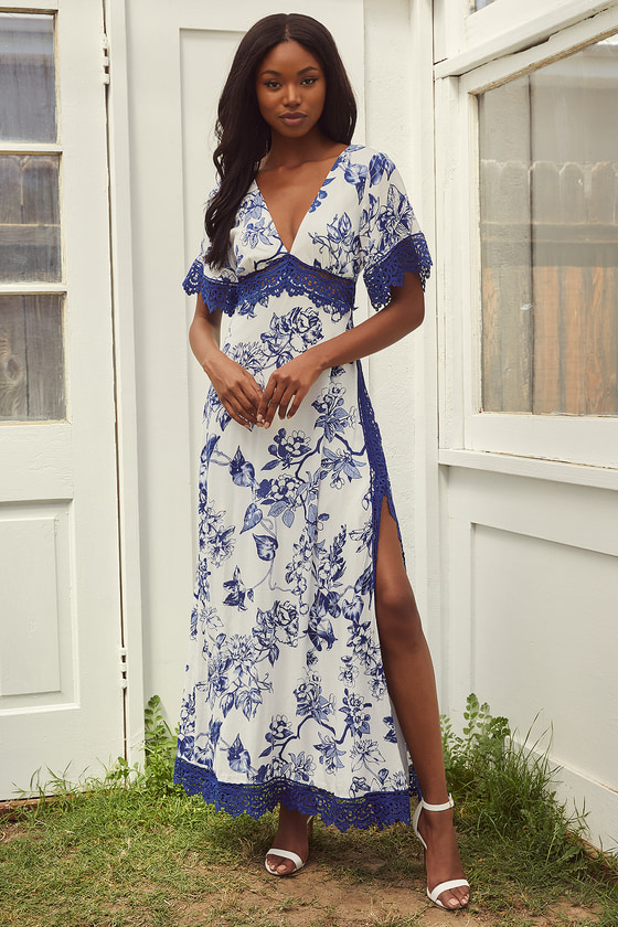 Sweeten the Occasion Blue Floral Lace Short Sleeve Maxi Dress