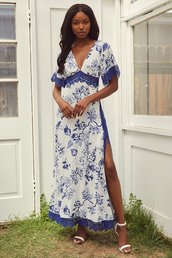 Sweeten the Occasion Blue Floral Lace Short Sleeve Maxi Dress 8