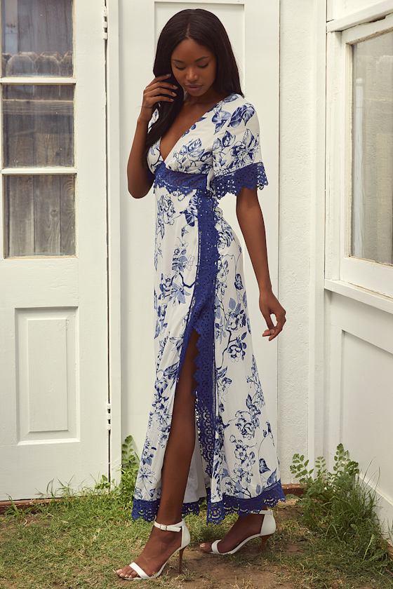 Sweeten the Occasion Blue Floral Lace Short Sleeve Maxi Dress 7