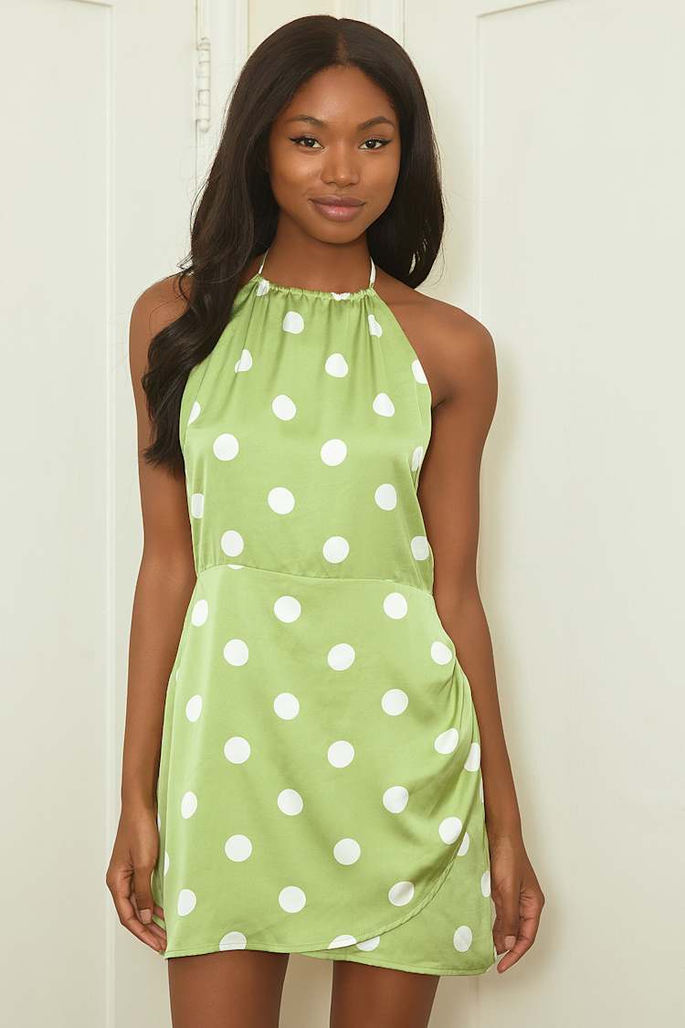 Green Polka Dot Dress - Satin Mini Dress - Mini Halter Dress - Lulus Green Polka Dot Dress - Satin Mini Dress - Mini Halter Dress - Lulus