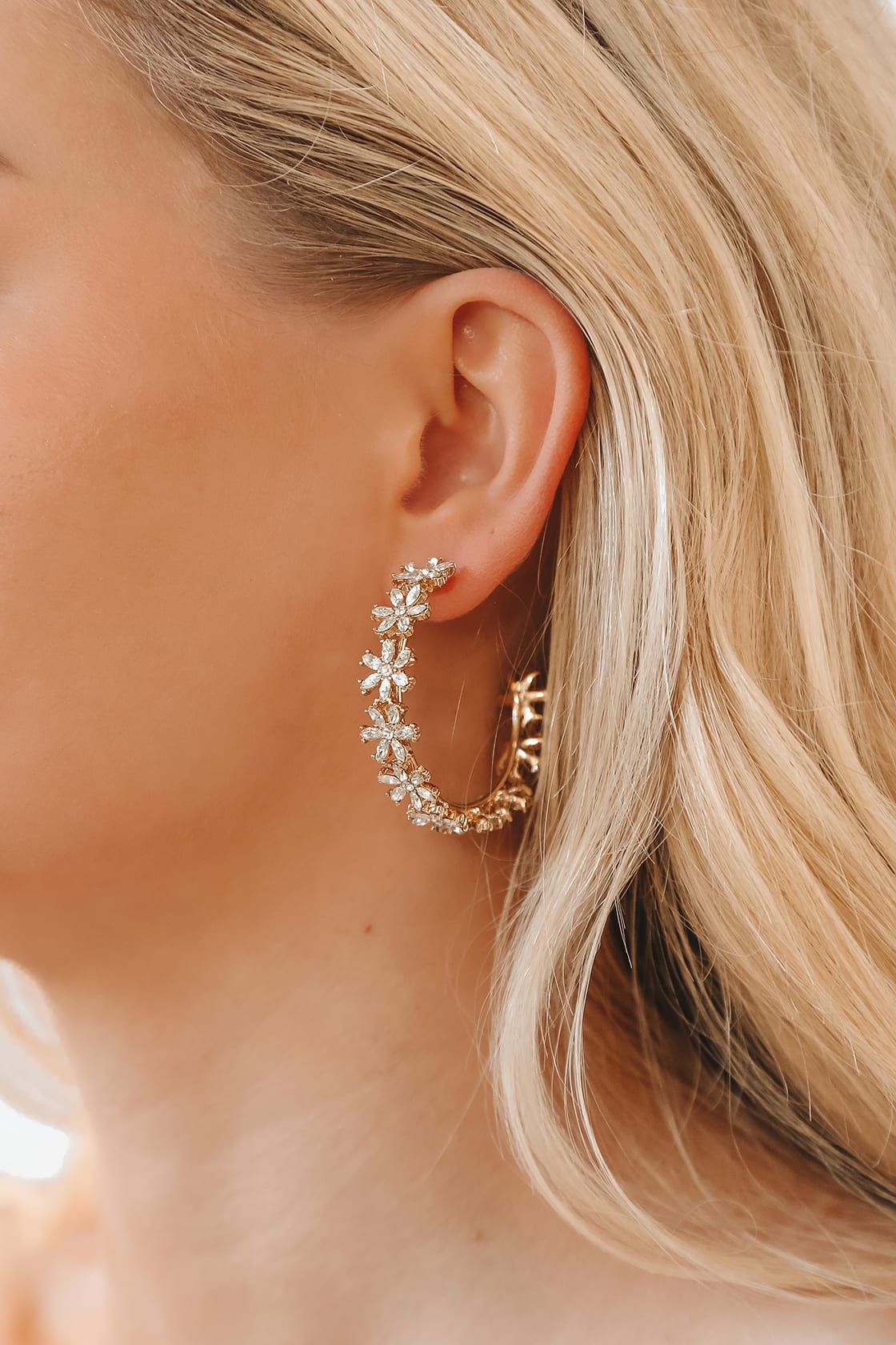 Gold Rhinestone Earrings - Floral Hoops Earrings - Hoop Earrings - Lulus