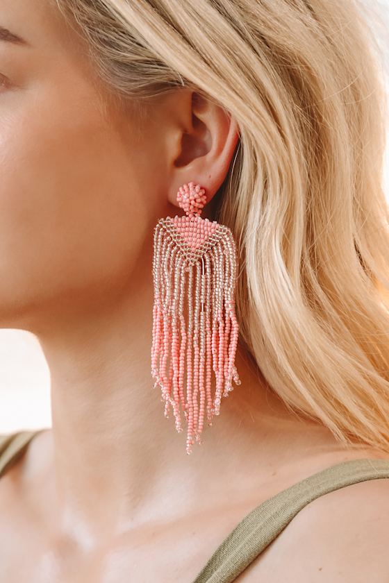 All About Flair Pink Beaded Fringe Statement Earrings 1