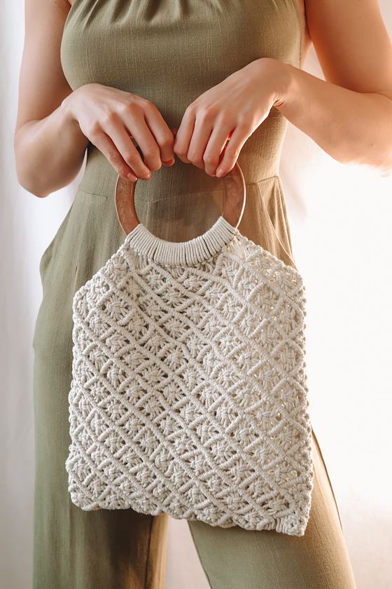 Off to an Island Oasis Cream Macramé Tote Bag 1