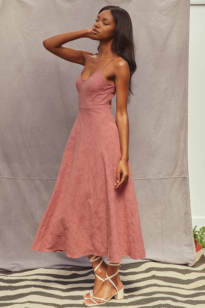 dusty rose midi bridesmaid dresses Tie Shoulder Dusty Rose Square Neck Chiffon Midi Bridesmaid Dress –  FancyVestido main image 0