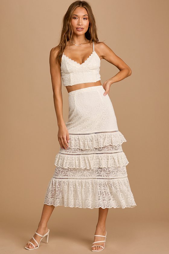 Sights to See Cream Embroidered Lace Tiered Midi Skirt 5