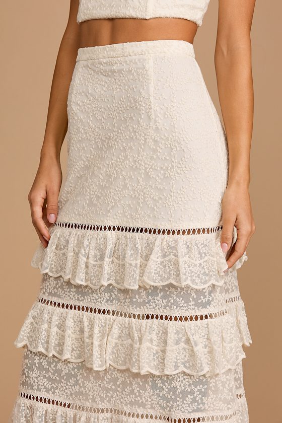 Sights to See Cream Embroidered Lace Tiered Midi Skirt 2