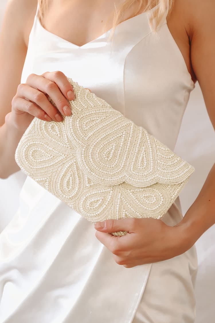 ASPHODELCHIC Women Pearl Evening Bag Bride Beaded Clutch Purse Cream White  for Wedding Party, Ivory White, Small : : Fashion