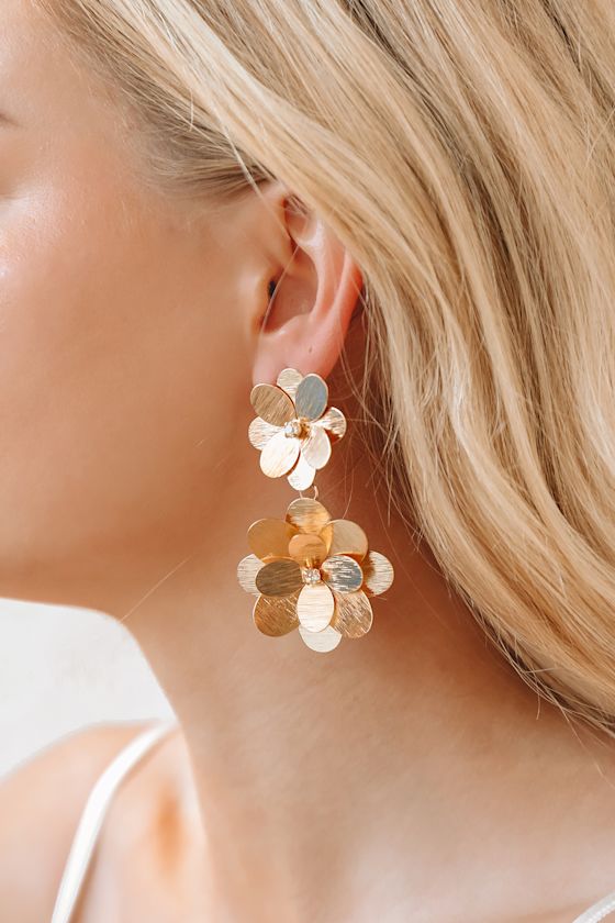 Gold Flower Earrings 3D Floral Earrings Metal Earrings Lulus
