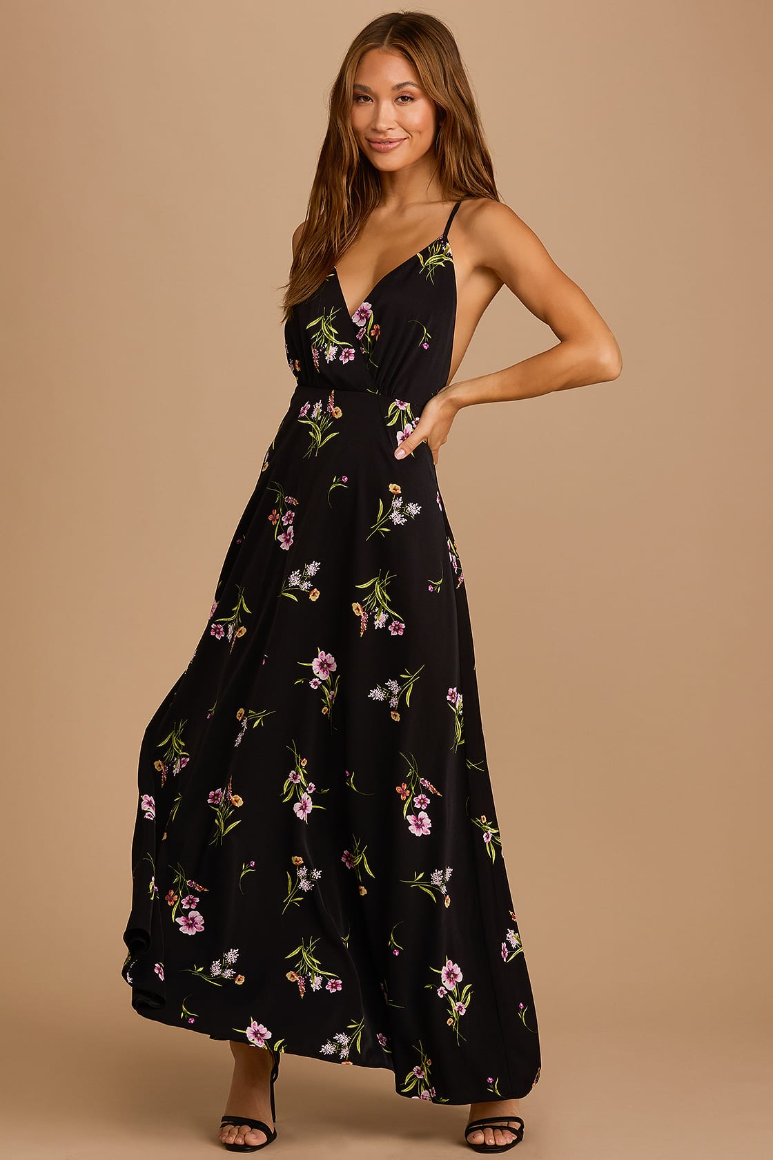 Flow of Love Black Floral Print Strappy Maxi Dress