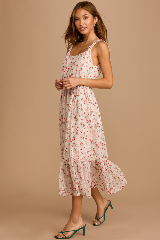 Cream Floral Print Dress - Tie-Strap Dress - Tiered Midi Dress - Lulus