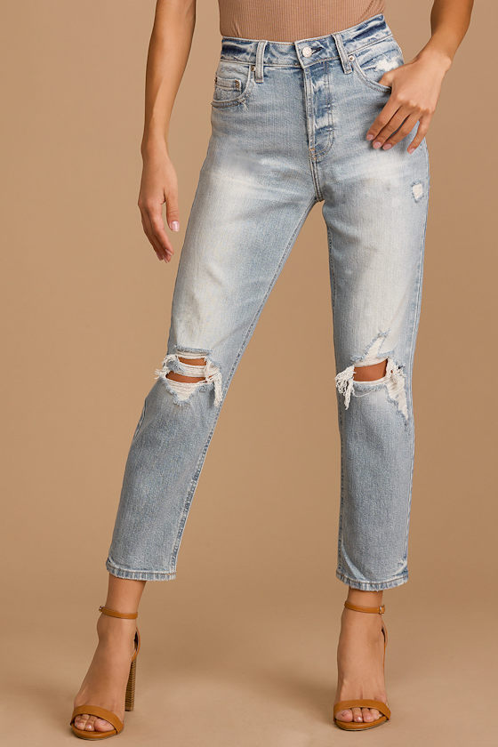 The Original Light Wash Denim Distressed High Rise Mom Jeans 2