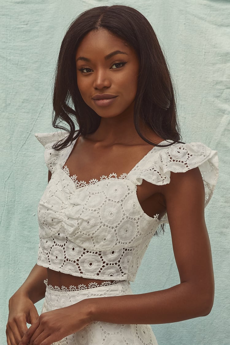Time for Sunshine White Eyelet Lace Ruffled Crop Top