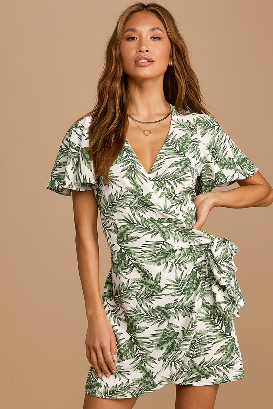 Green Leaf Print Dress - Wrap Mini Dress - Short Sleeve Dress - Lulus