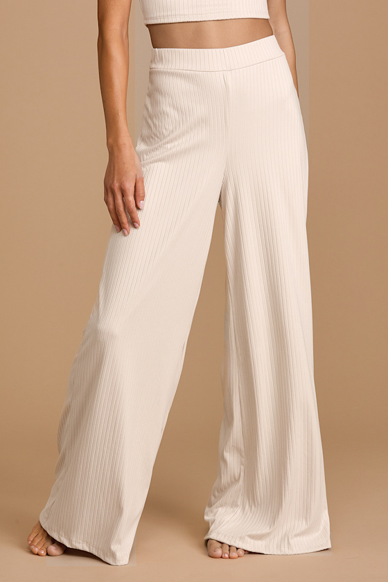 Let's Unwind Cream Ribbed Wide-Leg Pants 5