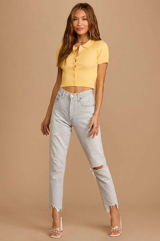 Good Idea Yellow Ribbed Button-Up Short Sleeve Sweater Top 5