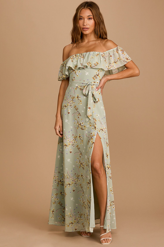 Amazing Moment Mint Green Floral Print Off-the-Shoulder Dress