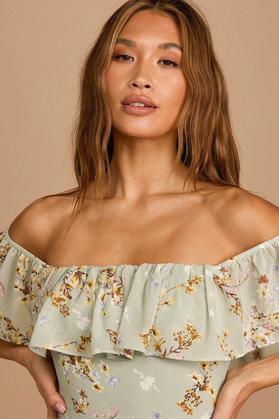 off shoulder green floral dress