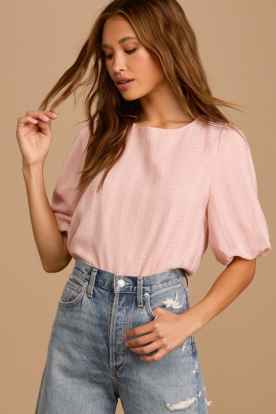 Blush Striped Blouse Puff Sleeve Top Womens Tops Blouse Lulus