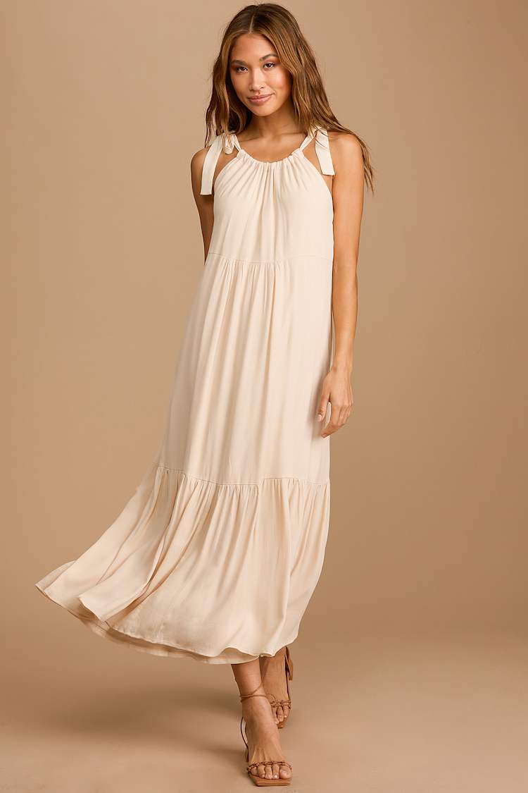 knee length dresses for ladies Beige Flutter Sleeve Tiered Dress – Laree Ranch main image 1