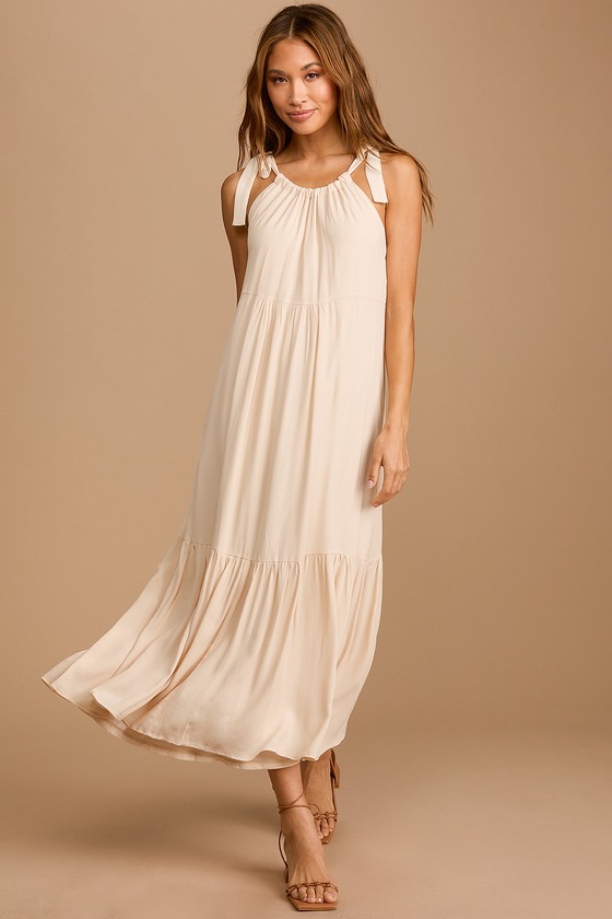 Beige Midi Dress - Tie-Strap Midi Dress - Sleeveless Tiered Dress - Lulus