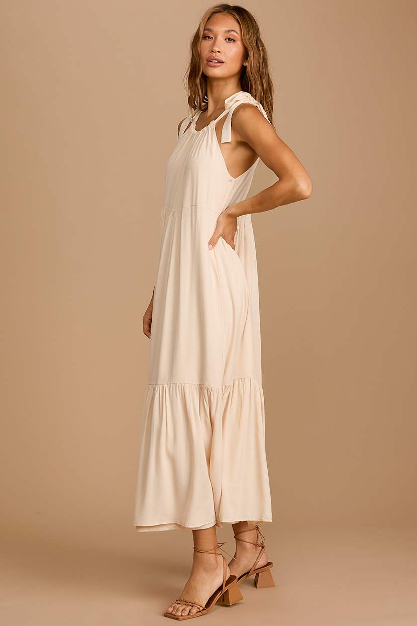 beige tiered midi dress Beige Puff Sleeve Tiered Midi Dress