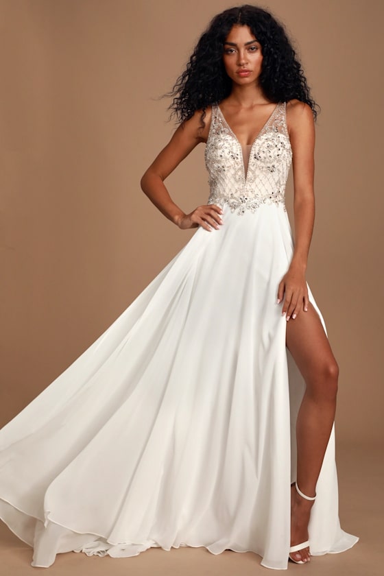 Forever and Ever White Beaded Lace-Up Maxi Dress 10