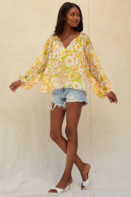 Bloom Service Green Multi Floral Print Balloon Sleeve Top 1
