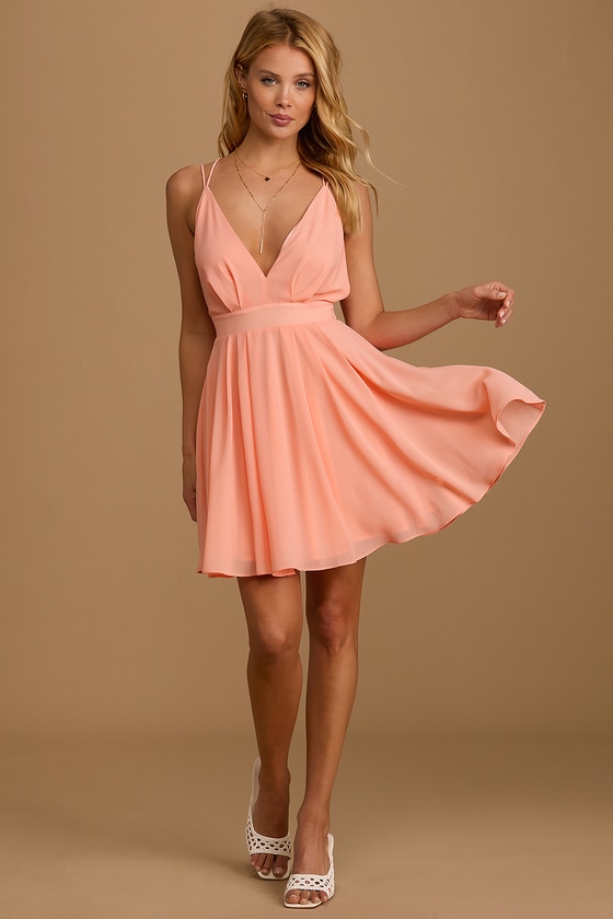 Coral Pink Skater Dress - Chiffon Dress - Plunge Skater Dress - Lulus