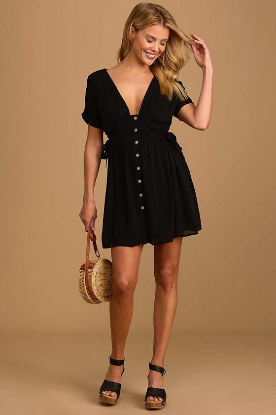 lulus little black dress Mini - Button-Up Dress - Side-Tie Mini Dress Adidas Men Golf Shorts valentines-day Color:Indie Blue Turn around to reveal
