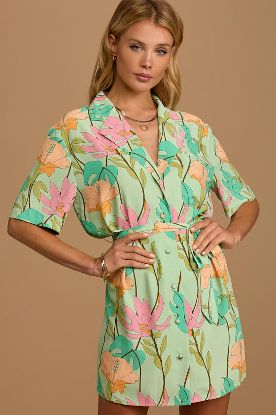 Totally Tropical Light Green Floral Print Button-Up Shirt Dress 3