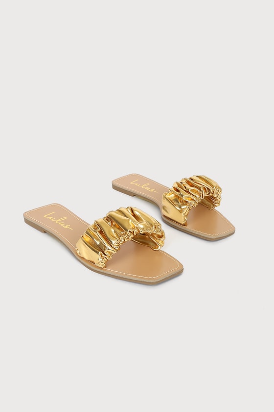 Faux Leather Slide Sandals - Gold Slide Sandals - Metallic Sandal - Lulus