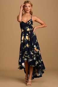 Best Times Navy Blue Floral Print Lace-Up High-Low Maxi Dress