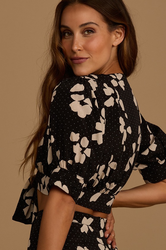 You're My Reason Black Floral Print Tie-Front Crop Top