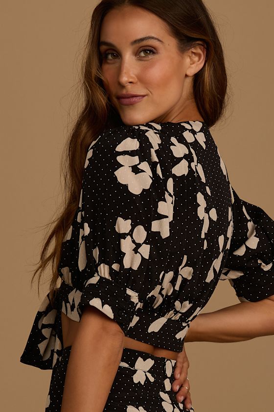 You're My Reason Black Floral Print Tie-Front Crop Top 7
