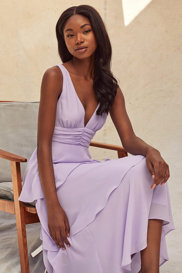 Lavender V-Neck Dress - Tiered Midi Dress - Sleeveless Dress - Lulus
