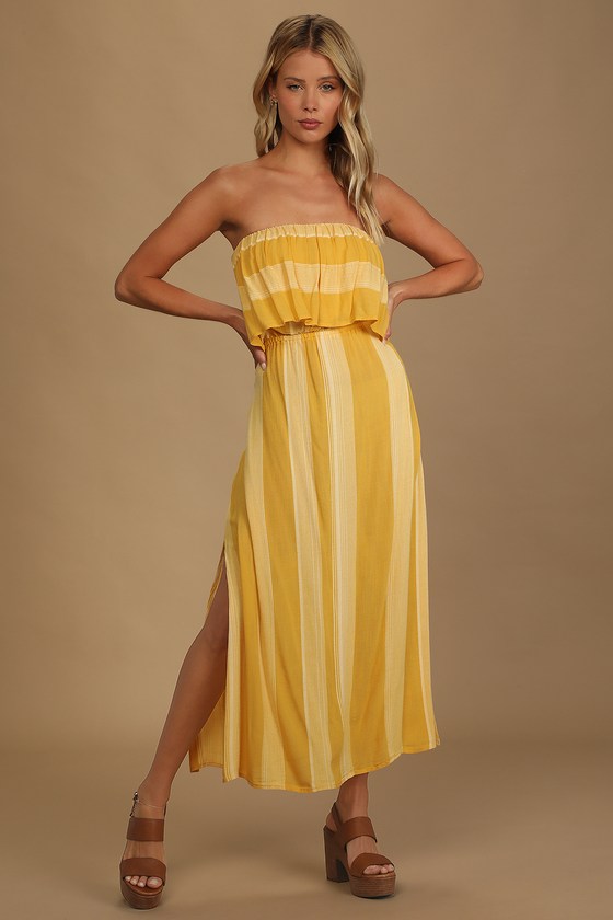 Koi Yellow Striped Strapless Midi Dress