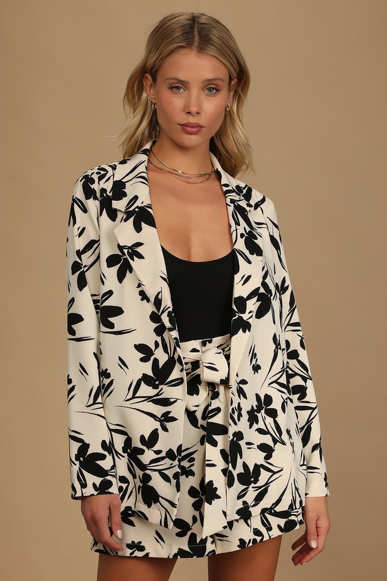 Lush Blooming Sophistication Cream Floral Print Blazer In Beige