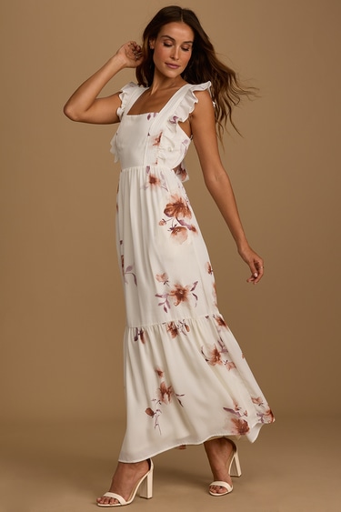 One Charming Day Cream Floral Print Ruffled Tie-Back Maxi Dress
