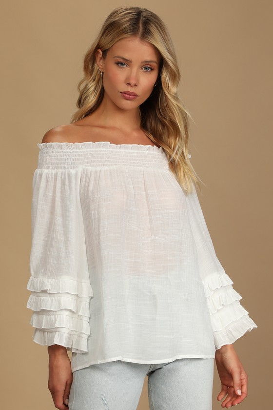 White Blouse - Long Sleeve Top - Ruffled OTS Top - Women's Tops - Lulus