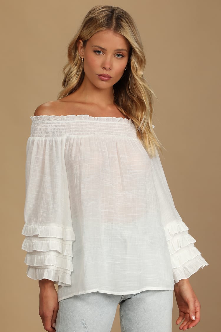 White Blouse Sleeve - Ruffled OTS Top - Women's Tops - Lulus