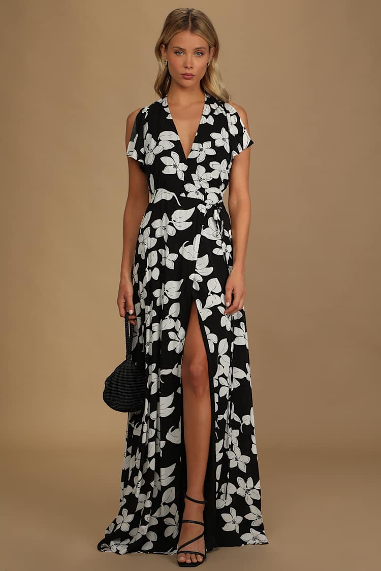 Black Floral Print Dress - Wrap Dress - Open Back Dress - Lulus